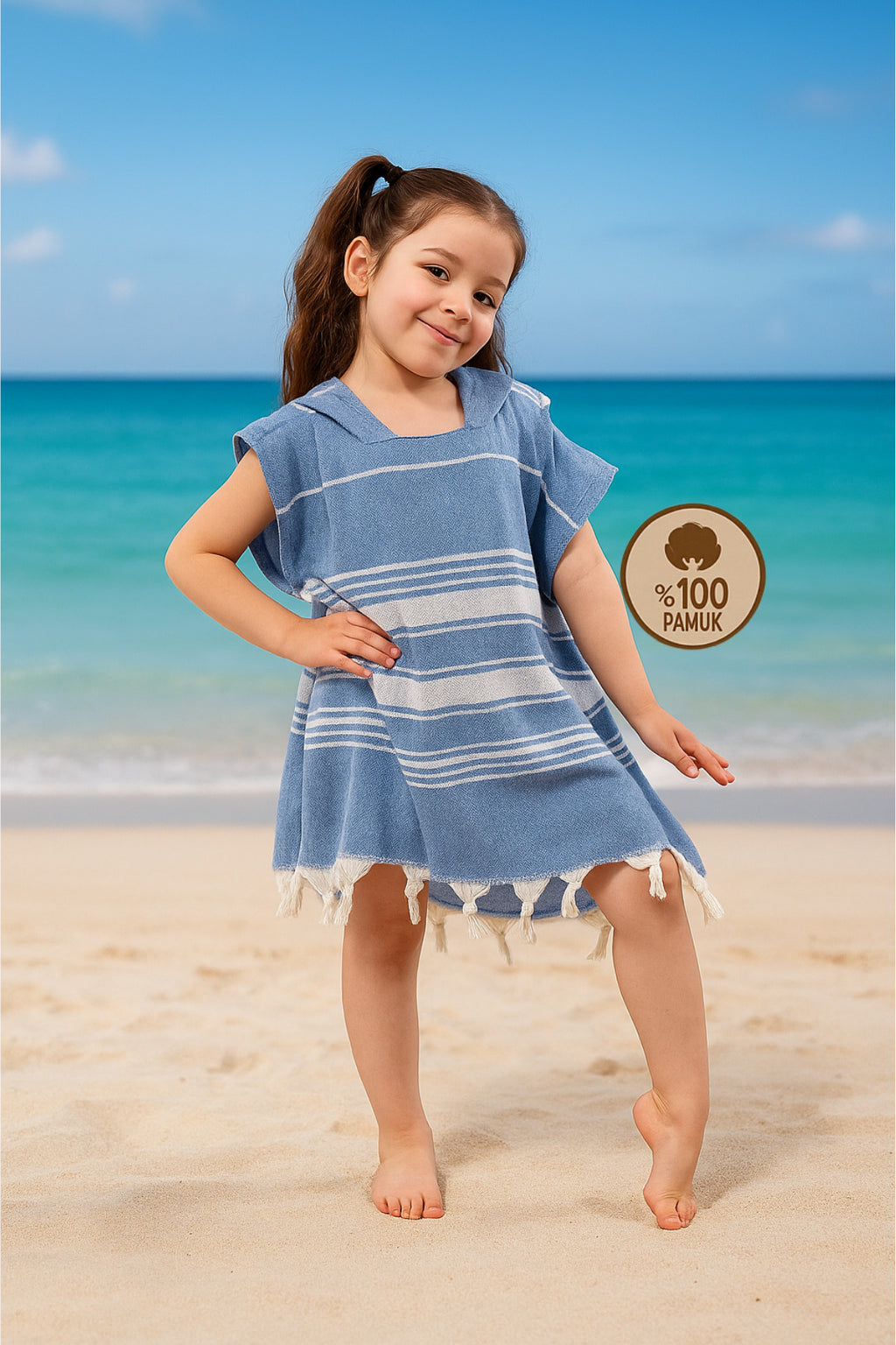 Kinder-Badeponcho aus 100% Baumwolle, Pestemal-Strandponcho in Blau