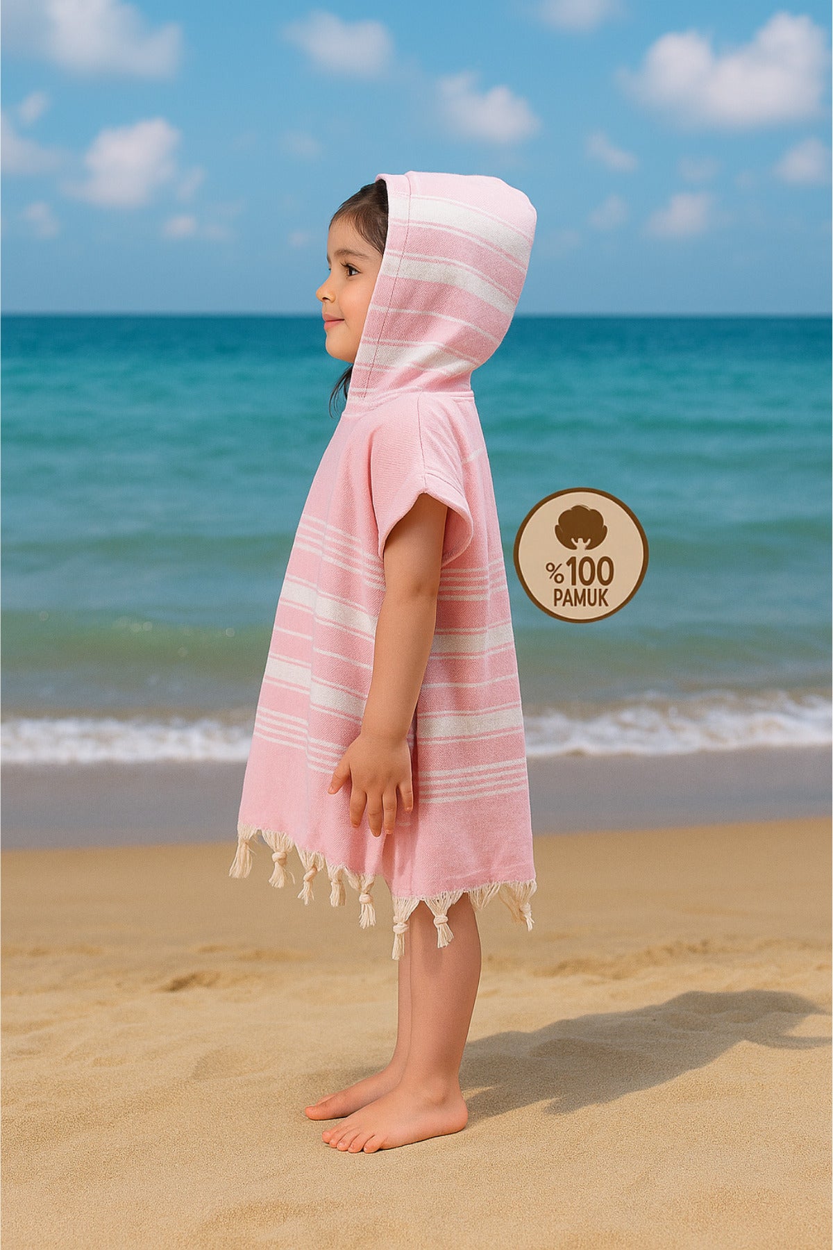 Kinder-Badeponcho aus 100% Baumwolle, Pestemal-Strandponcho in Rosa