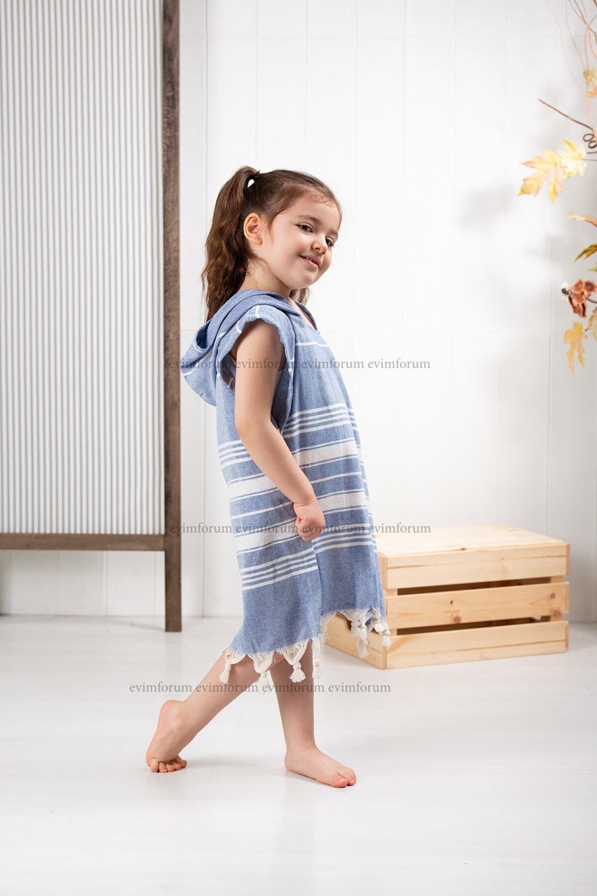 Kinder-Badeponcho aus 100% Baumwolle, Pestemal-Strandponcho in Blau
