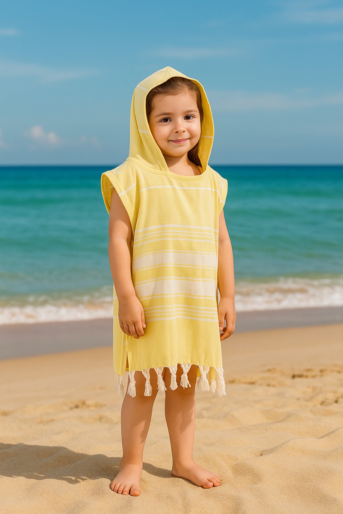 Kinder-Badeponcho aus 100% Baumwolle, Pestemal-Strandponcho in Gelb