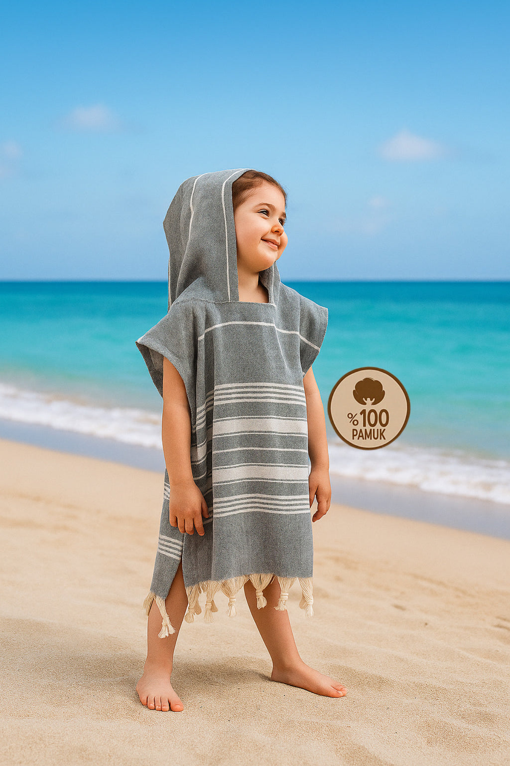 Kinder-Badeponcho aus 100% Baumwolle, Pestemal-Strandponcho in Grau