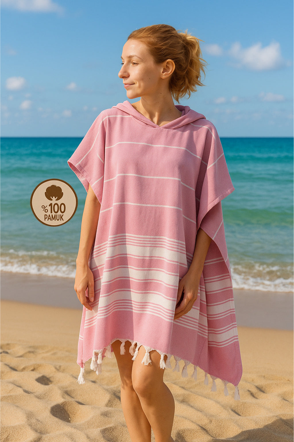 Badeponcho für Erwachsene aus 100% Baumwoll-Pestemal in Rosa