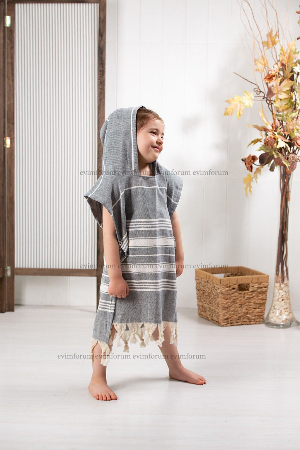 Kinder-Badeponcho aus 100% Baumwolle, Pestemal-Strandponcho in Grau