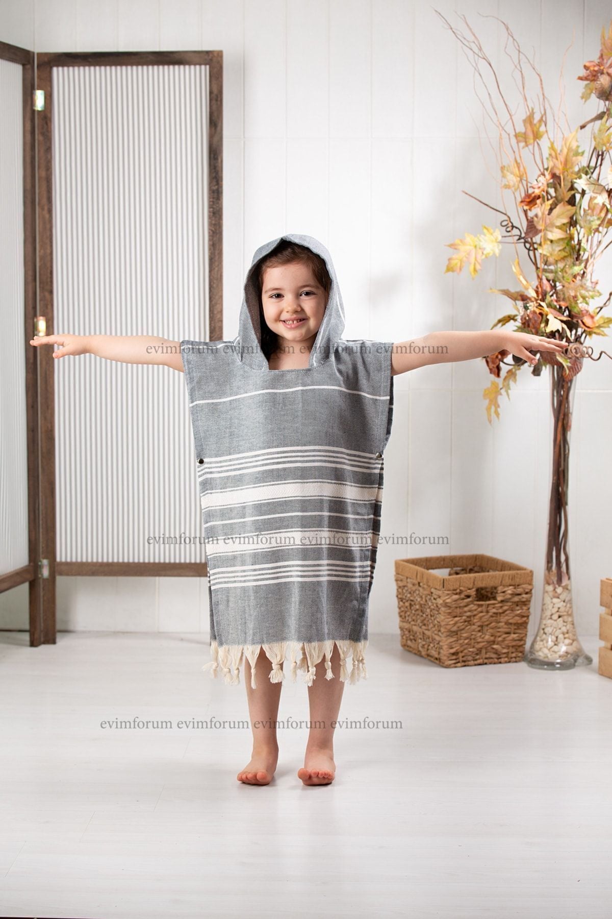 Kinder-Badeponcho aus 100% Baumwolle, Pestemal-Strandponcho in Grau