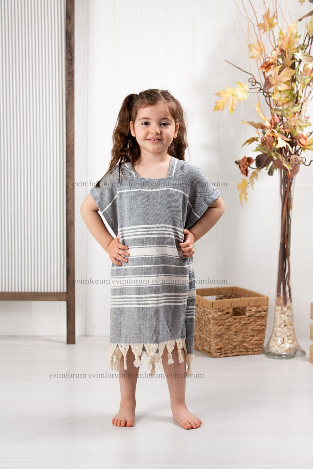 Kinder-Badeponcho aus 100% Baumwolle, Pestemal-Strandponcho in Grau