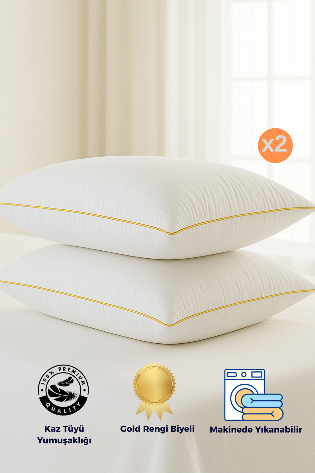 Climate Nano-Gel-Hotelkissen 50×70 cm mit Gold-Paspel & Baumwollbezug, 2er Set