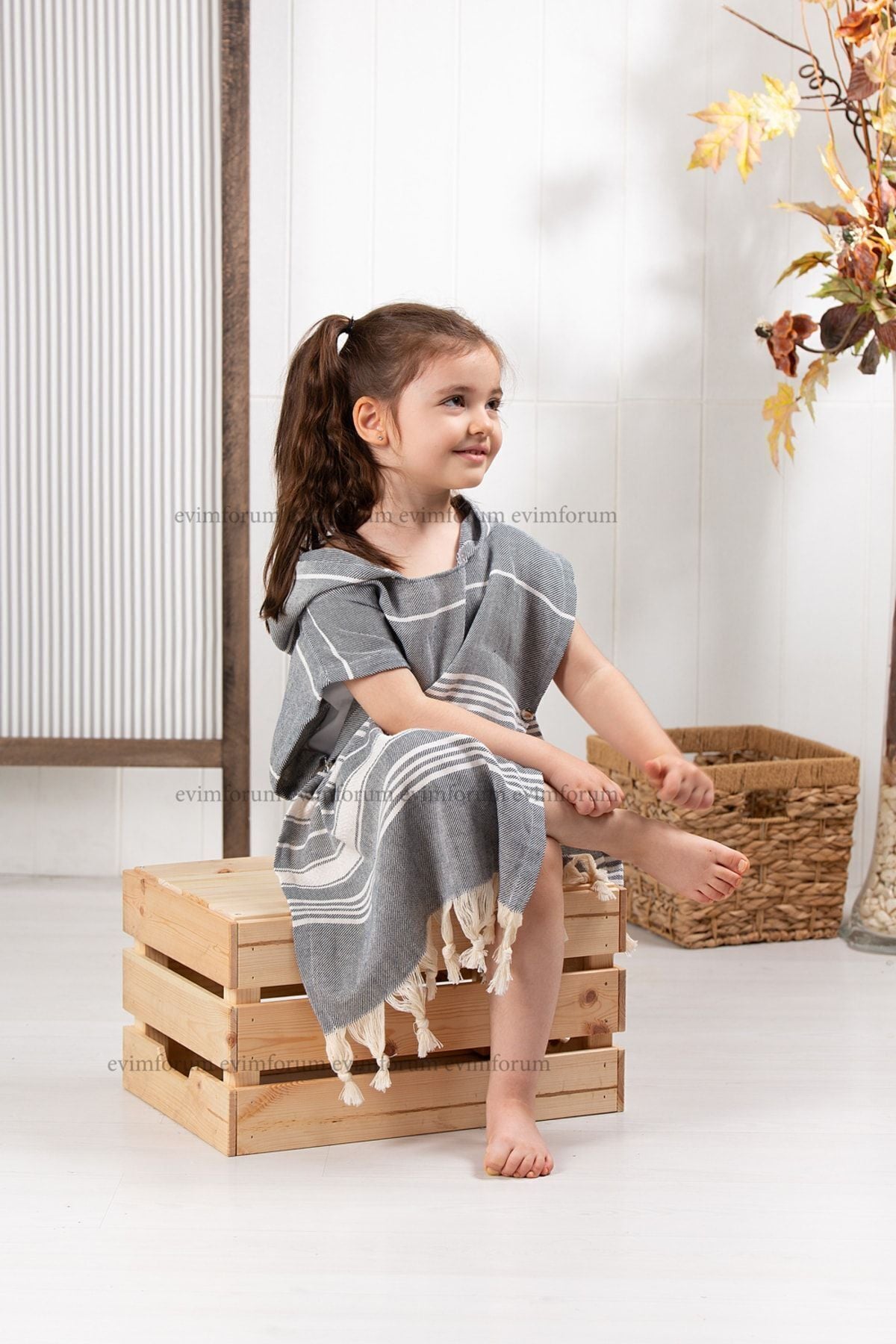 Kinder-Badeponcho aus 100% Baumwolle, Pestemal-Strandponcho in Grau