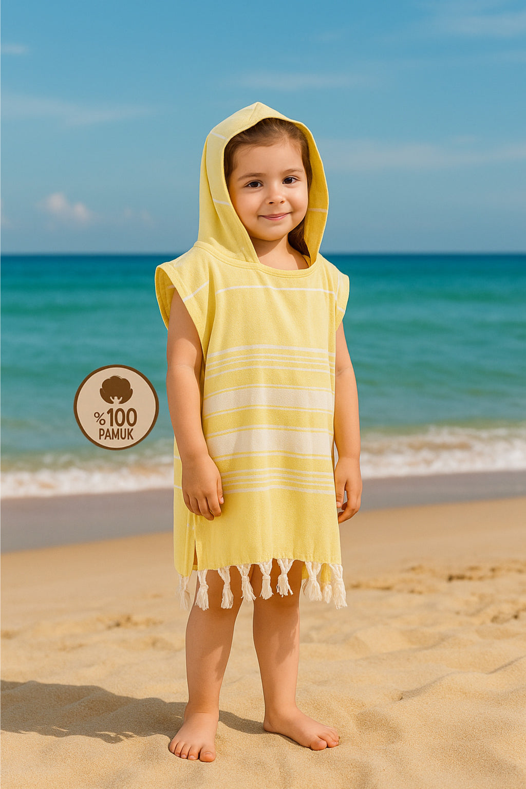 Kinder-Badeponcho aus 100% Baumwolle, Pestemal-Strandponcho in Gelb