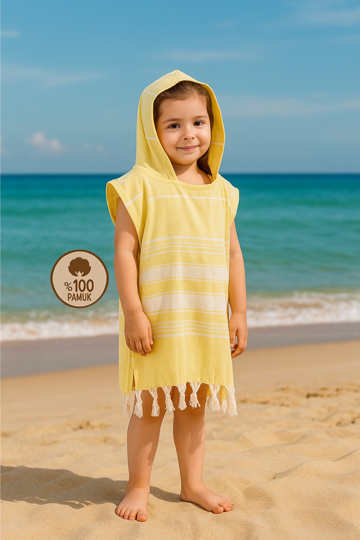 Kinder-Badeponcho aus 100% Baumwolle, Pestemal-Strandponcho in Gelb