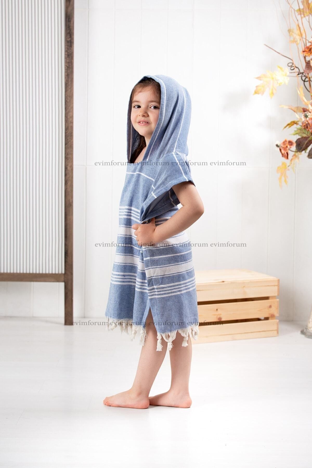 Kinder-Badeponcho aus 100% Baumwolle, Pestemal-Strandponcho in Blau