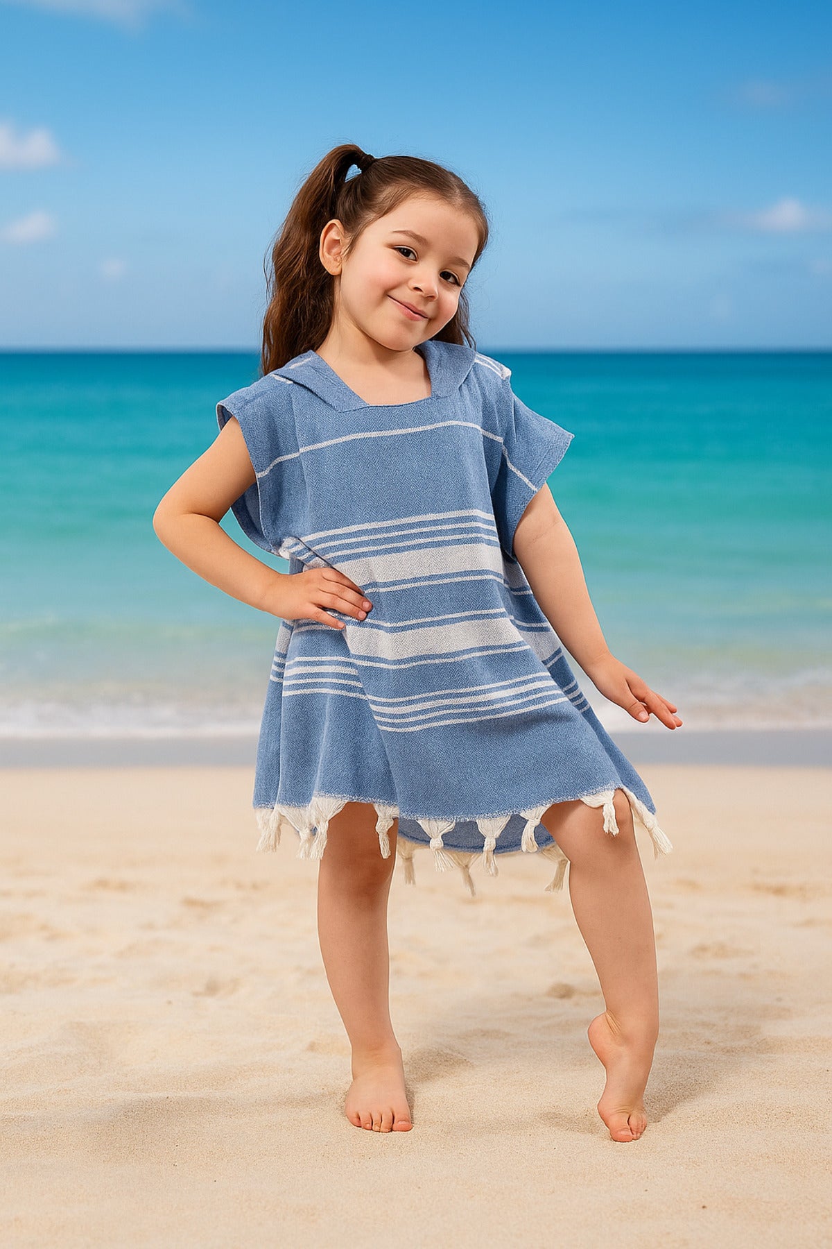 Kinder-Badeponcho aus 100% Baumwolle, Pestemal-Strandponcho in Blau