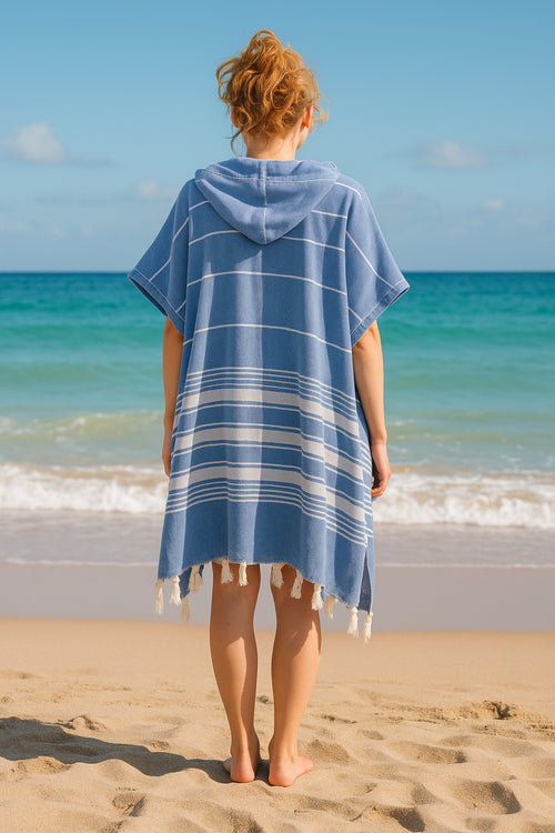 Badeponcho für Erwachsene aus 100% Baumwoll-Pestemal in Blau