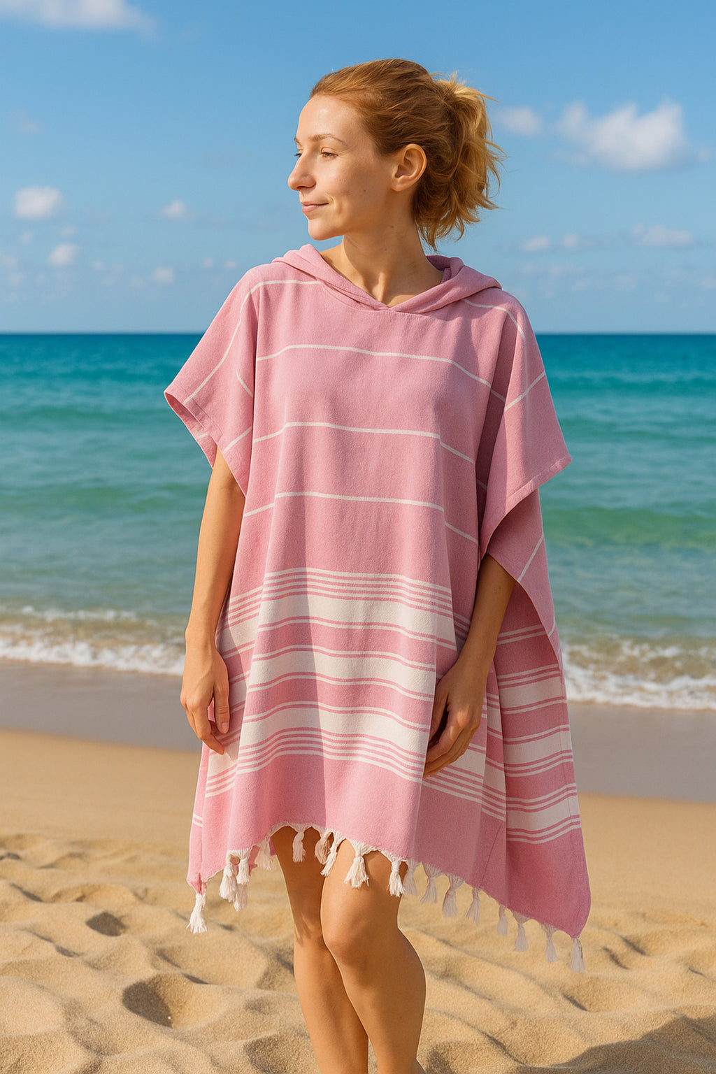 Badeponcho für Erwachsene aus 100% Baumwoll-Pestemal in Rosa