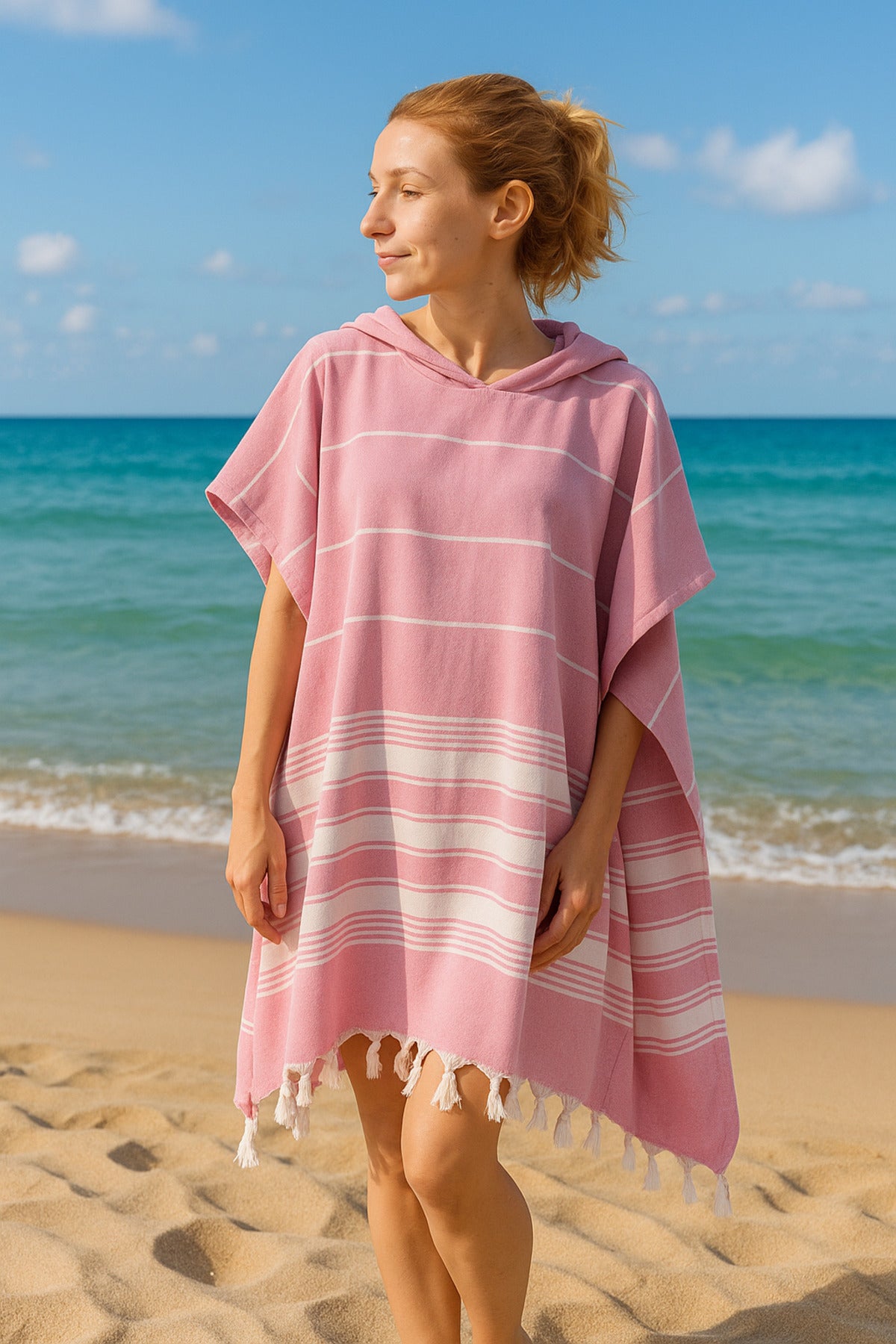 Badeponcho für Erwachsene aus 100% Baumwoll-Pestemal in Rosa