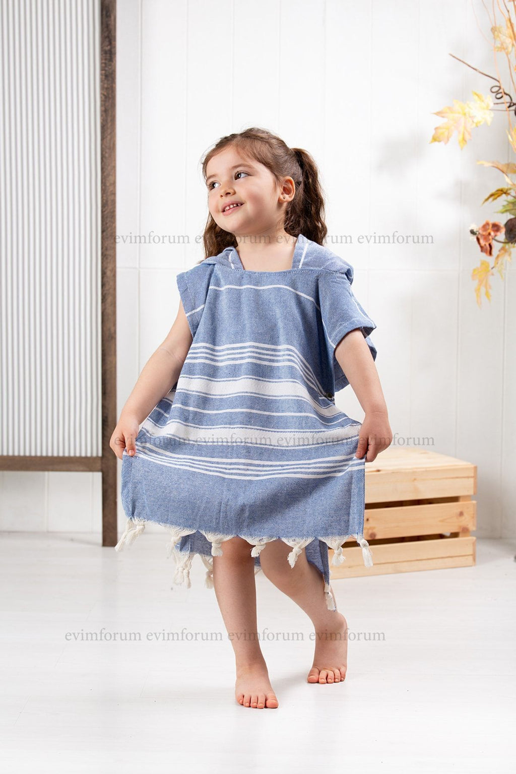 Kinder-Badeponcho aus 100% Baumwolle, Pestemal-Strandponcho in Blau