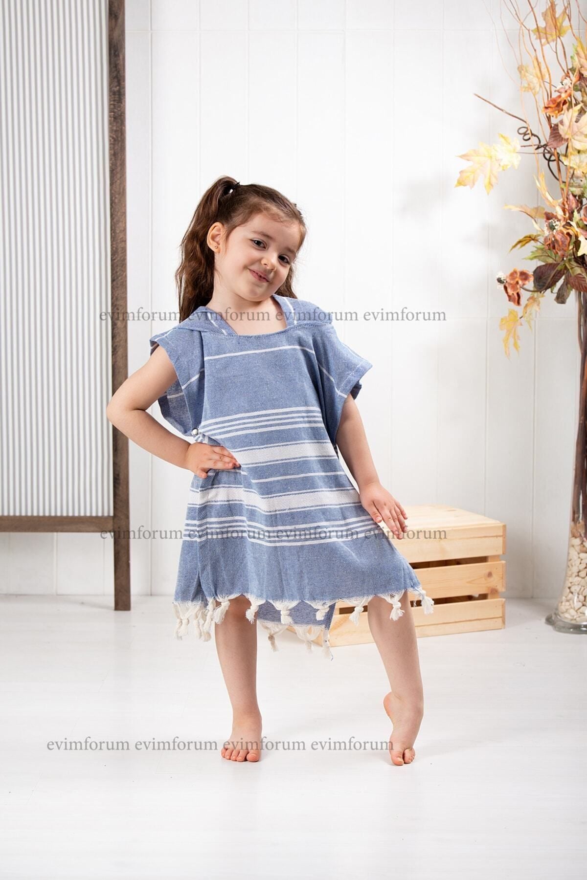 Kinder-Badeponcho aus 100% Baumwolle, Pestemal-Strandponcho in Blau