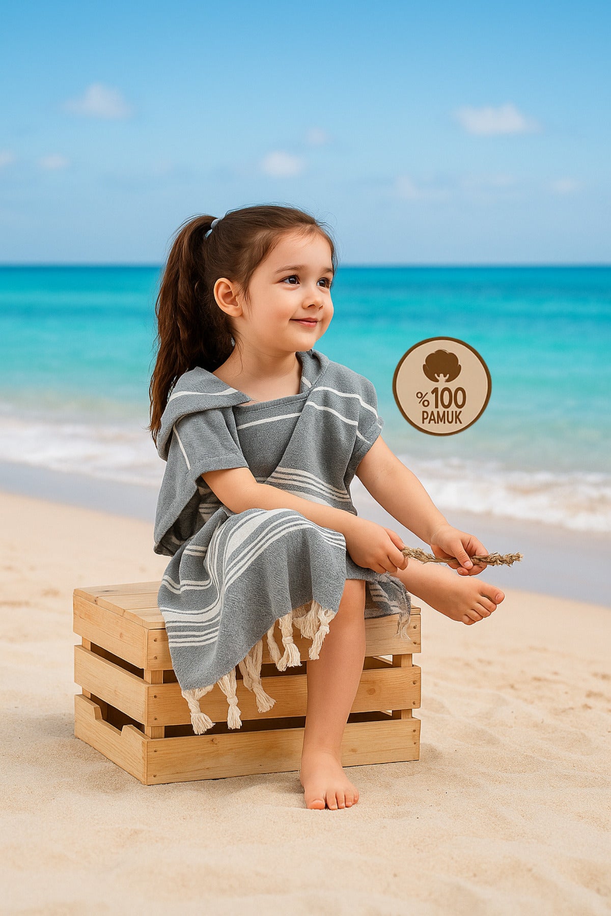 Kinder-Badeponcho aus 100% Baumwolle, Pestemal-Strandponcho in Grau