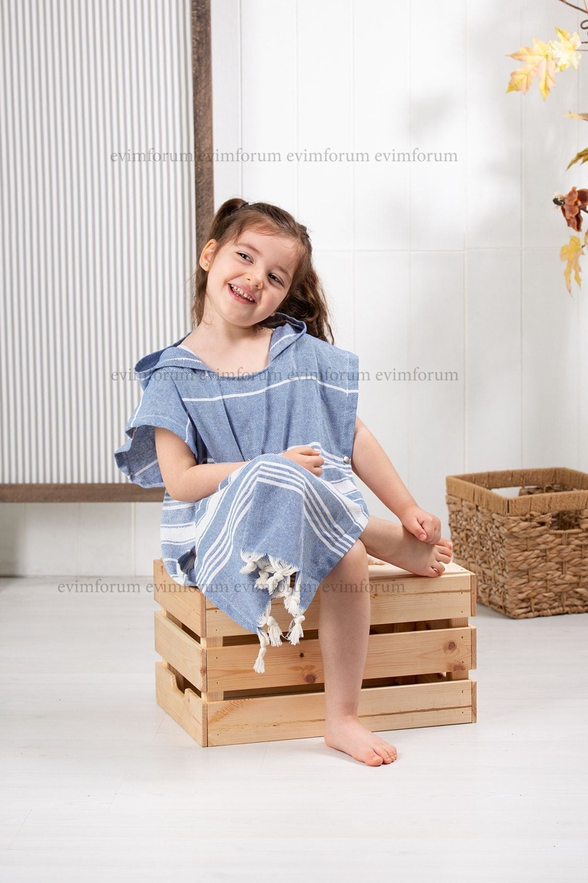 Kinder-Badeponcho aus 100% Baumwolle, Pestemal-Strandponcho in Blau