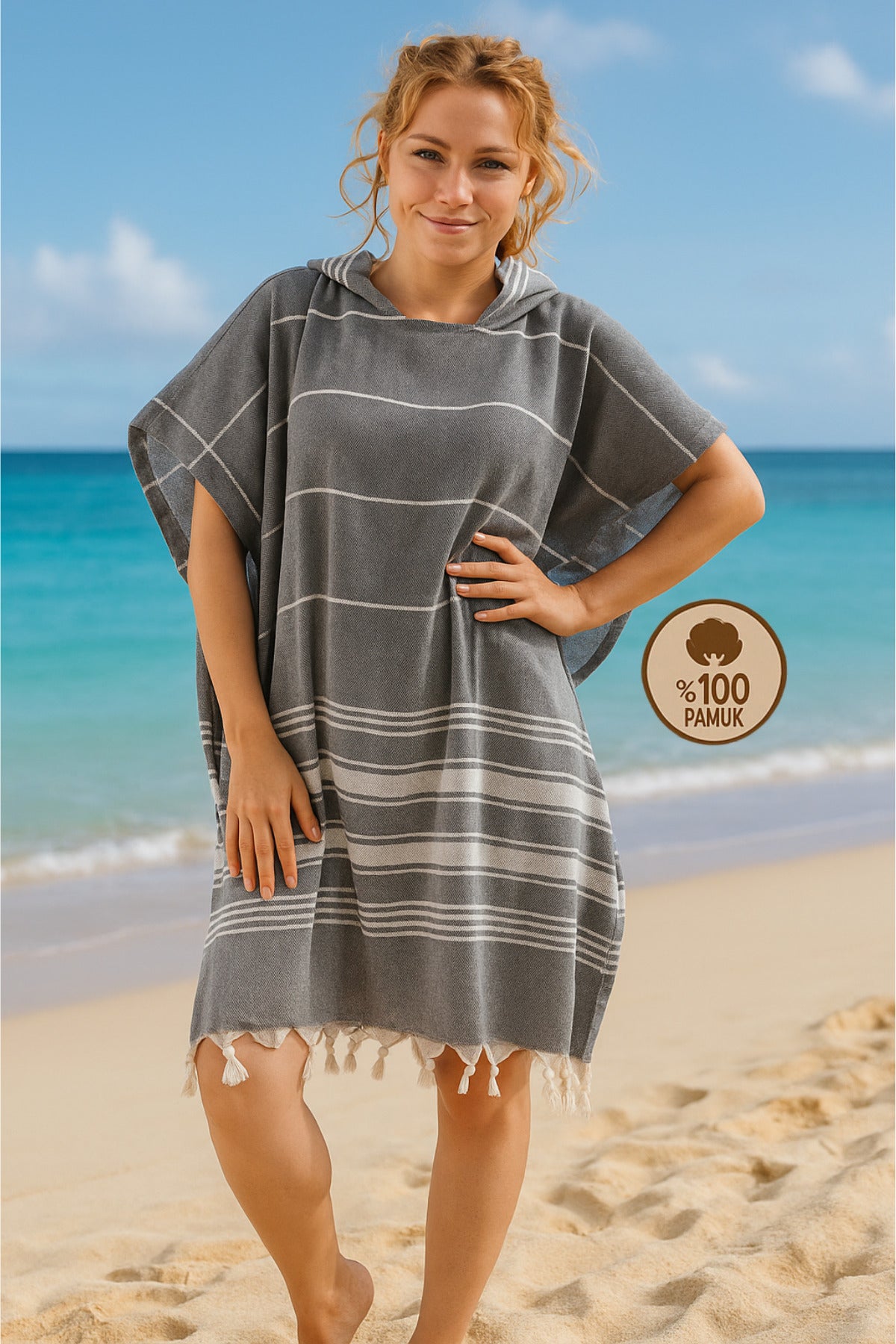 Badeponcho für Erwachsene aus 100% Baumwoll-Pestemal in Grau