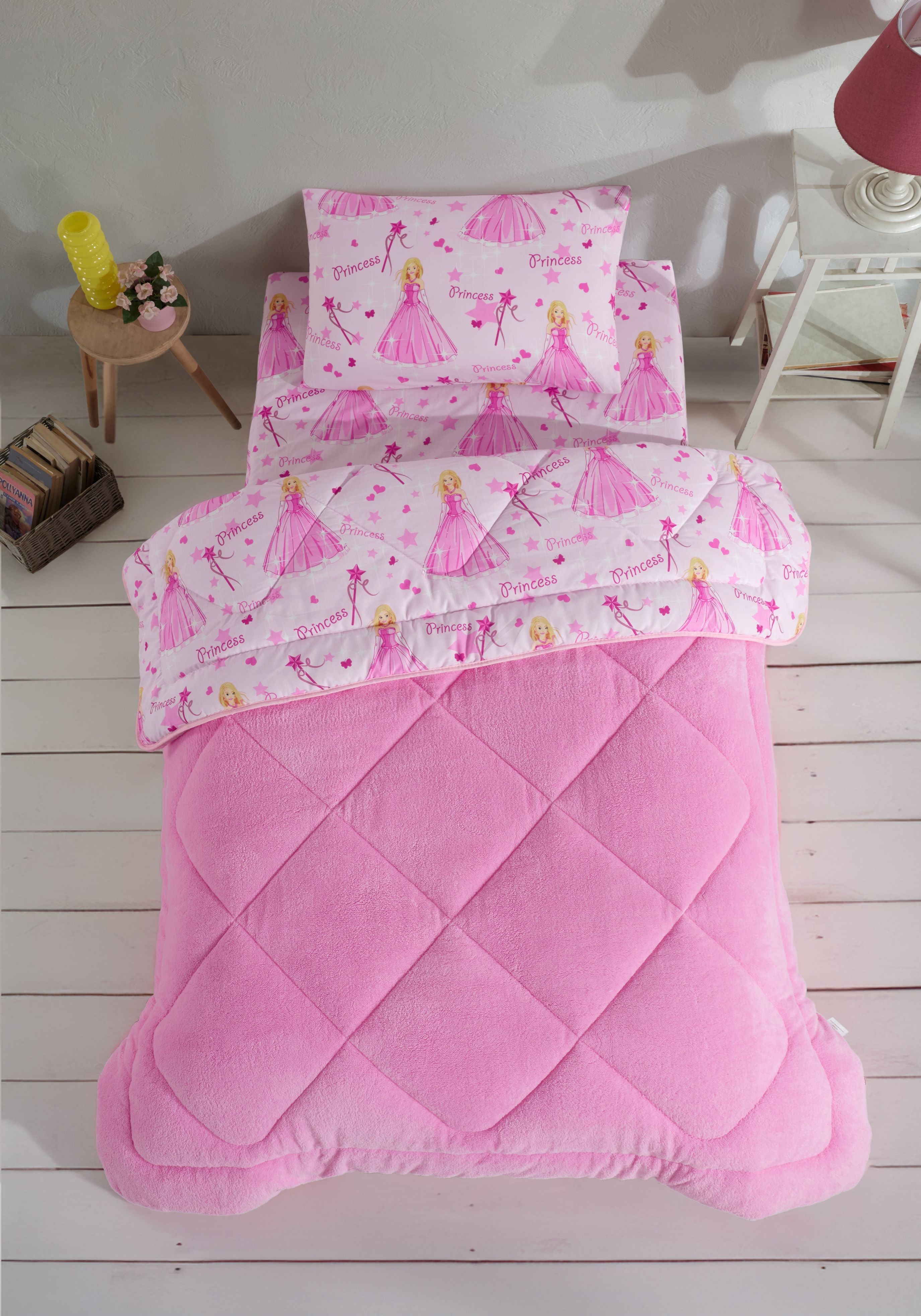 Einzelbett-Schlafset mit Prinzessinnenmuster, doppelseitig, Wellsoft (Bettdecke + Laken + Kissenbezug)