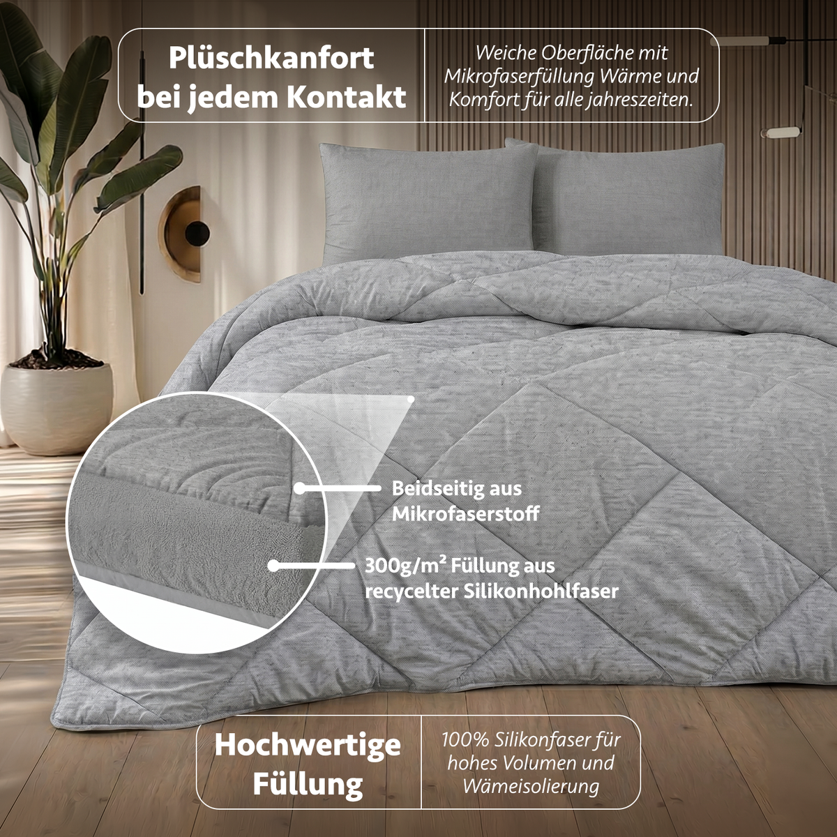 4-Jahreszeiten-Mikrofaser-Steppdecke, hypoallergen, in Anthrazitgrau