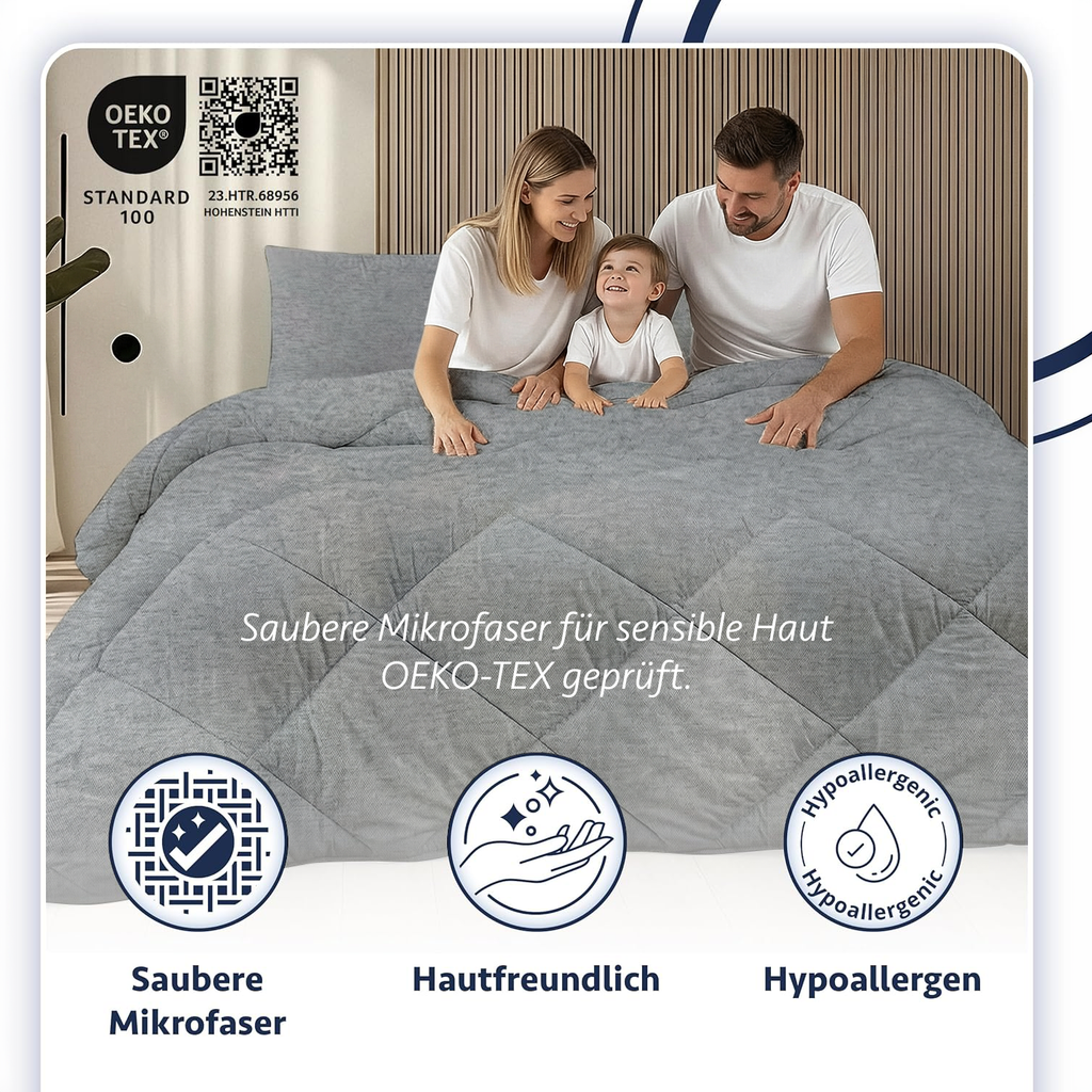 4-Jahreszeiten-Mikrofaser-Steppdecke, hypoallergen, in Anthrazitgrau