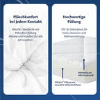 Nahaufnahme einer weichen, weißen Mikrofaser-Steppdecke und Querschnitt mit Silikonfaserfüllung für Wärme und Volumen.
