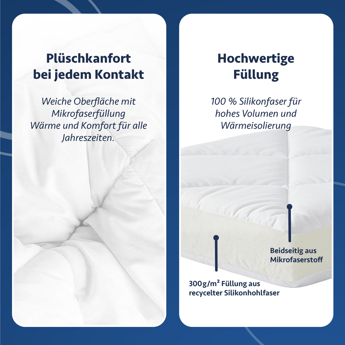 Nahaufnahme einer weichen, weißen Mikrofaser-Steppdecke und Querschnitt mit Silikonfaserfüllung für Wärme und Volumen.