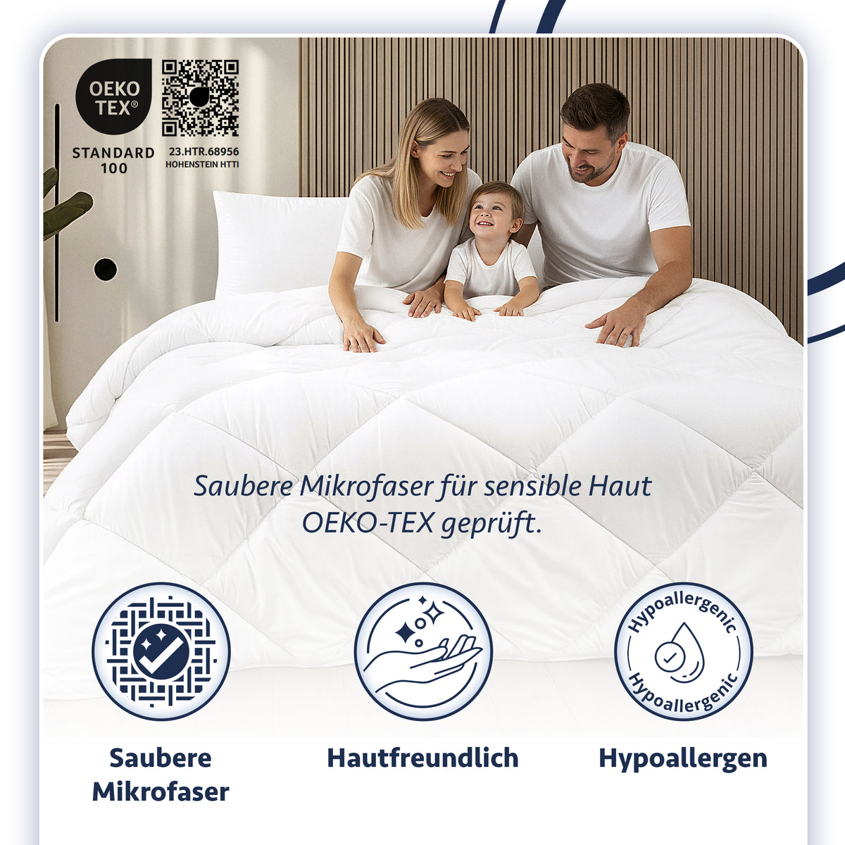 Familie auf einem Bett mit weißer Steppdecke und Oeko-Tex Label, daneben Text zu hautfreundlicher, hypoallergener Mikrofaser.