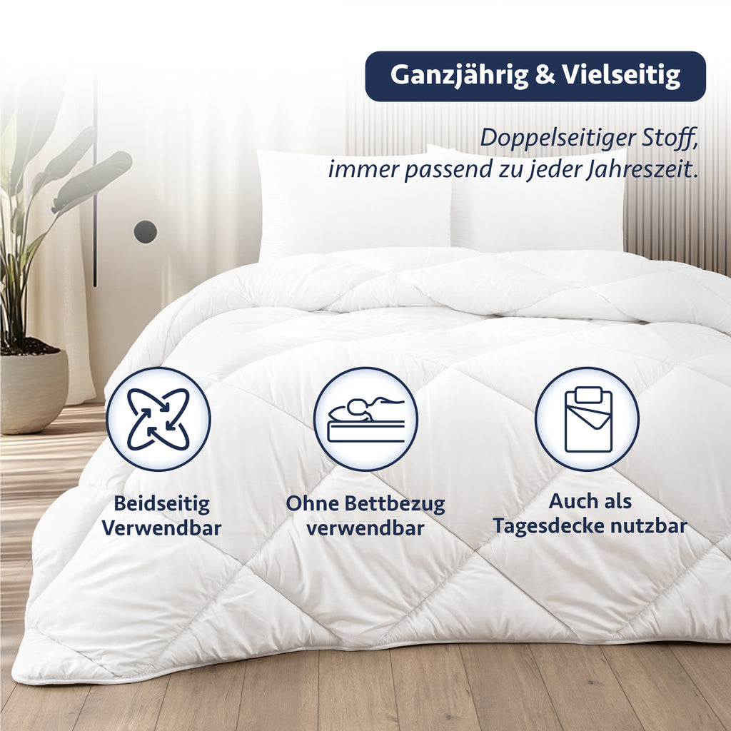 Weiße, gesteppte Mikrofaser-Steppdecke auf einem Bett, mit Text zu ganzjähriger Nutzung und Vielseitigkeit.