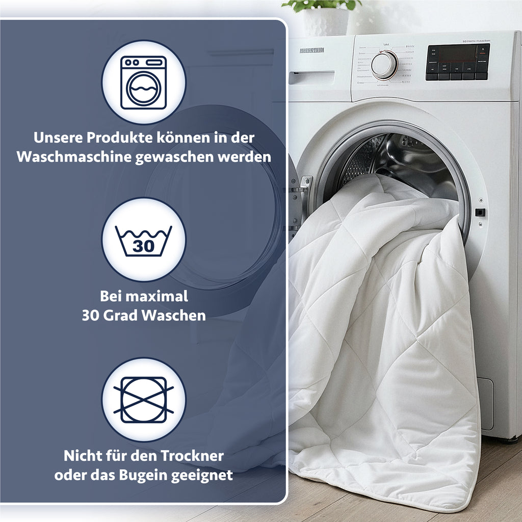 Weiße gesteppte Decke in einer Waschmaschine, daneben Pflegehinweise zum Waschen bei 30 Grad und kein Trockner.