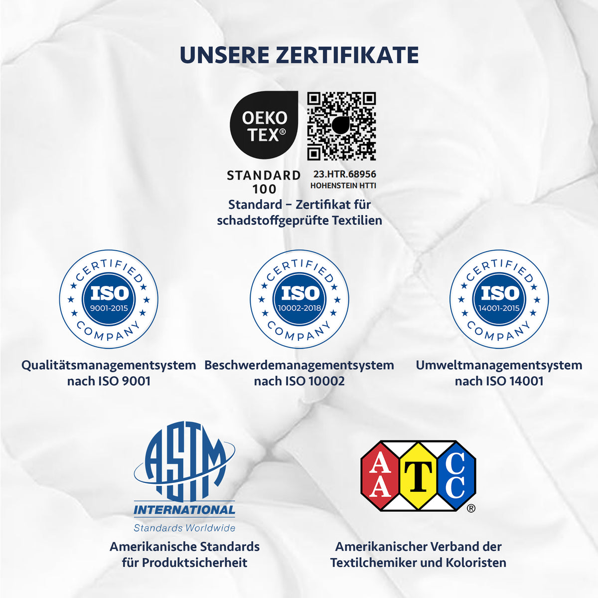 Eine Sammlung von Zertifikaten und Logos, darunter Oeko-Tex Standard 100, ISO 9001, ISO 10002, ISO 14001, ASTM und AATCC.
