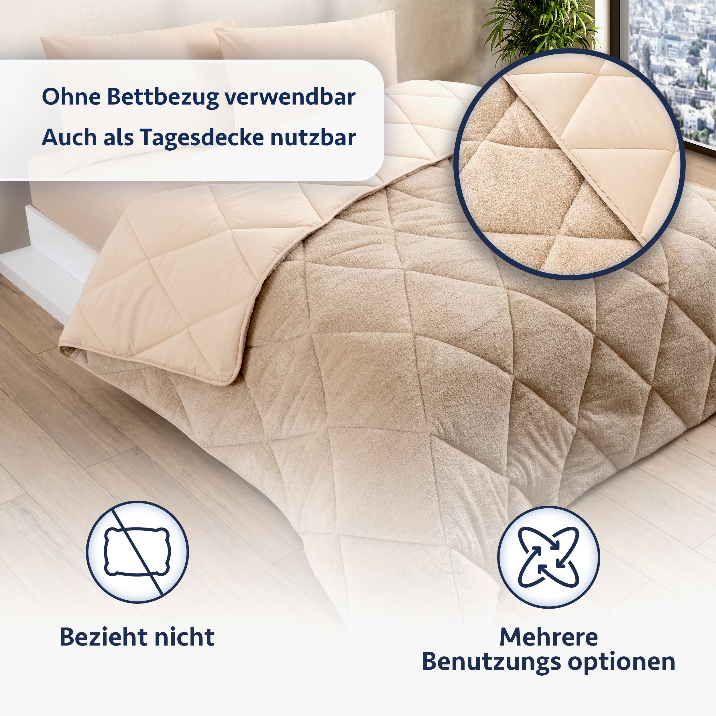 Luxuriöse Wellsoft-Steppdecke, doppelseitig, in Beige