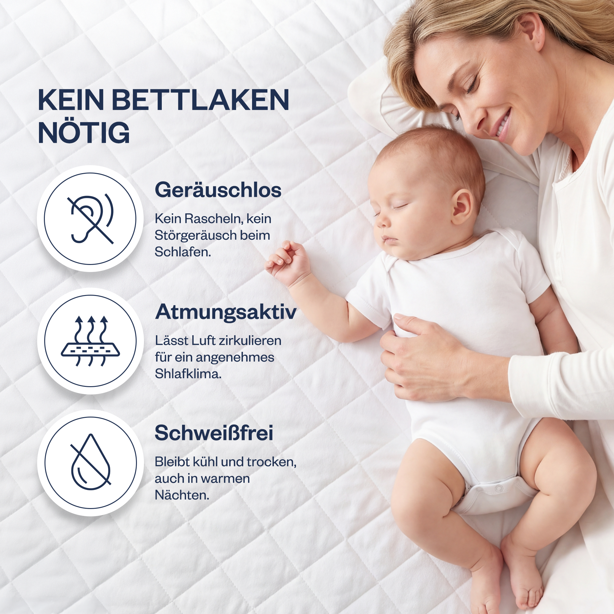 Wasserdichter gesteppter Matratzenschoner aus 100% Baumwolle, atmungsaktiv, Weiß