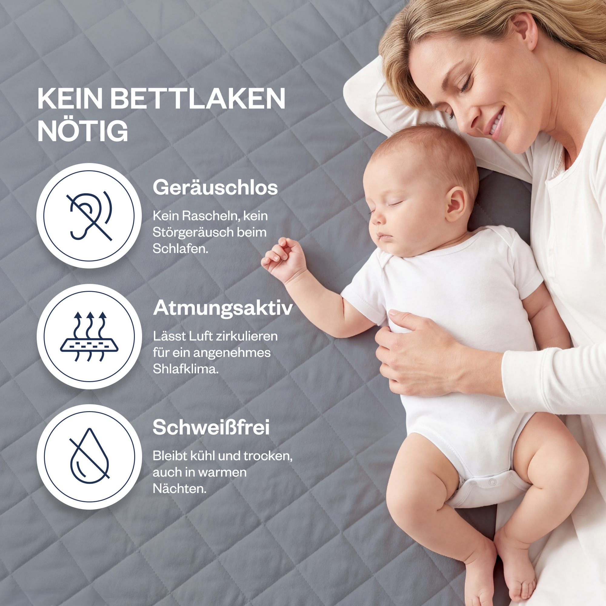 Wasserdichter gesteppter Matratzenschoner aus 100% Baumwolle, atmungsaktiv, Grau