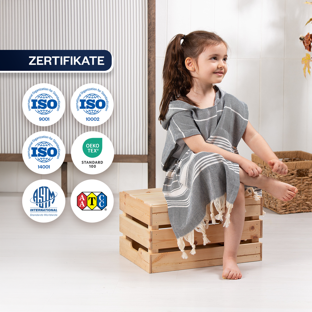 Kinder-Badeponcho aus 100% Baumwolle, Pestemal-Strandponcho in Grau