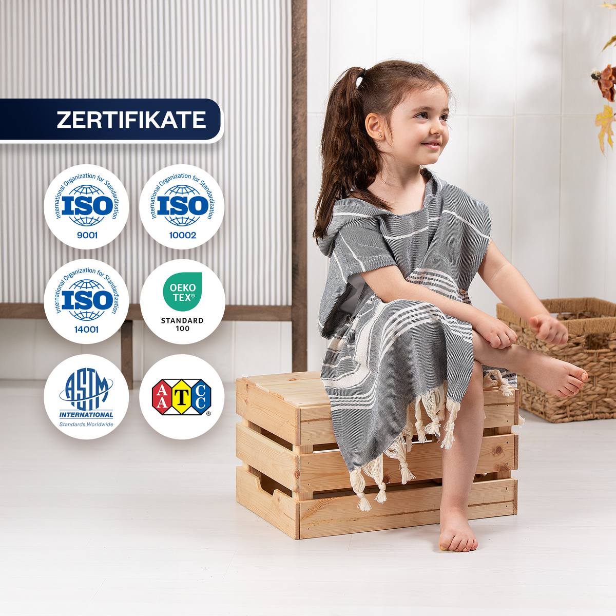 Kinder-Badeponcho aus 100% Baumwolle, Pestemal-Strandponcho in Grau
