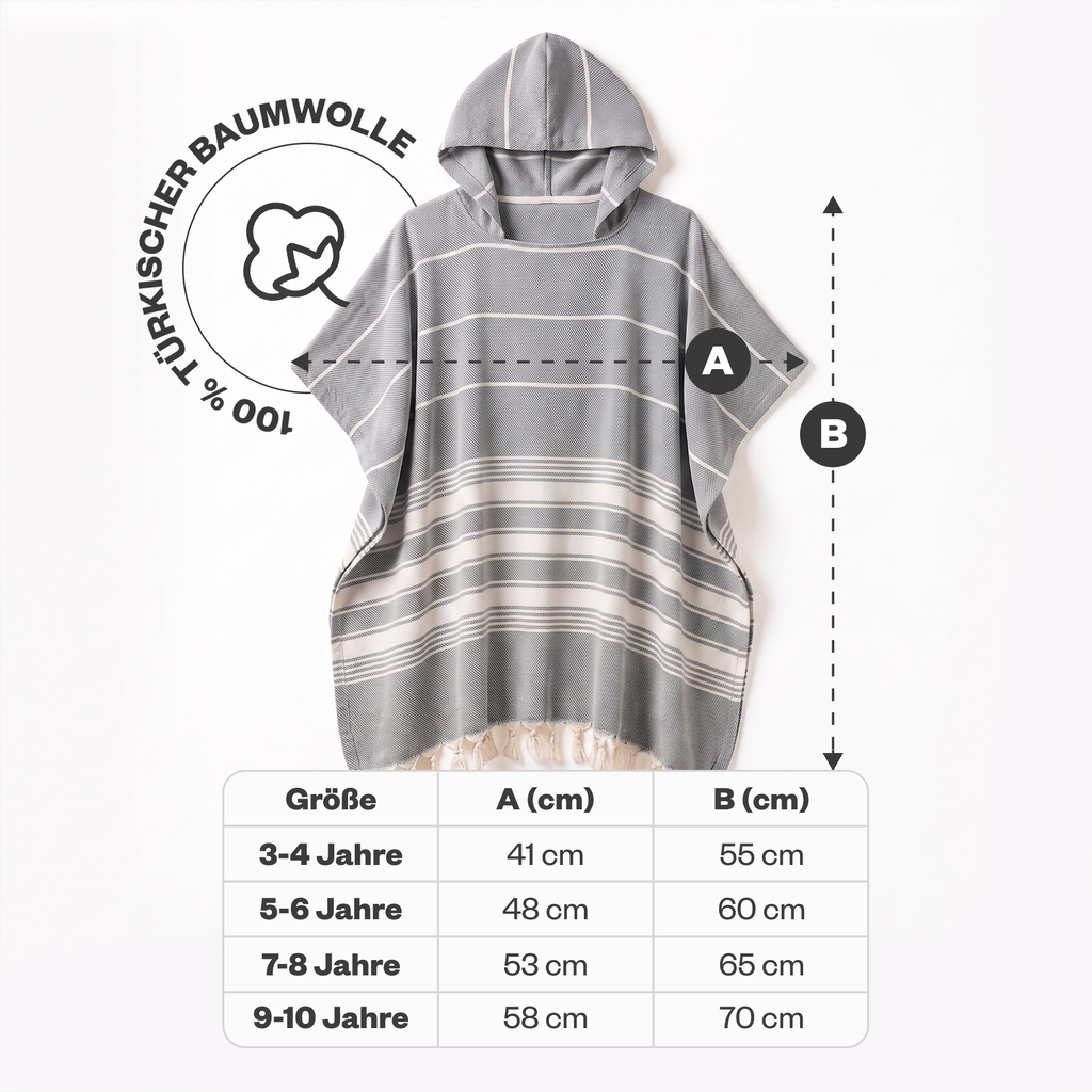 Kinder-Badeponcho aus 100% Baumwolle, Pestemal-Strandponcho in Grau