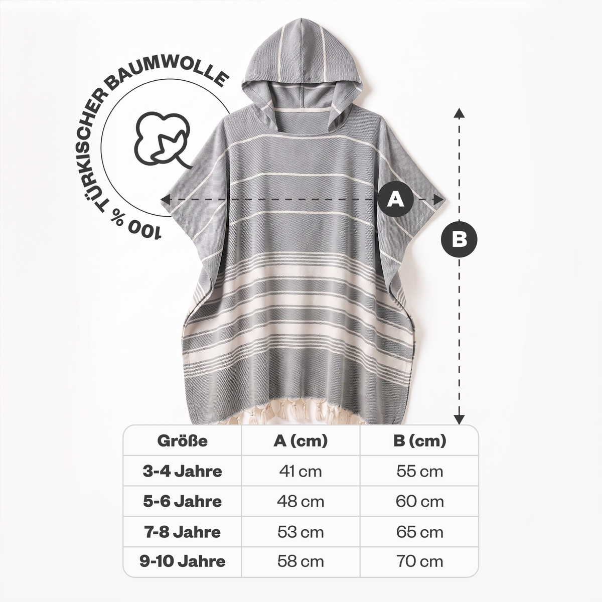 Kinder-Badeponcho aus 100% Baumwolle, Pestemal-Strandponcho in Grau