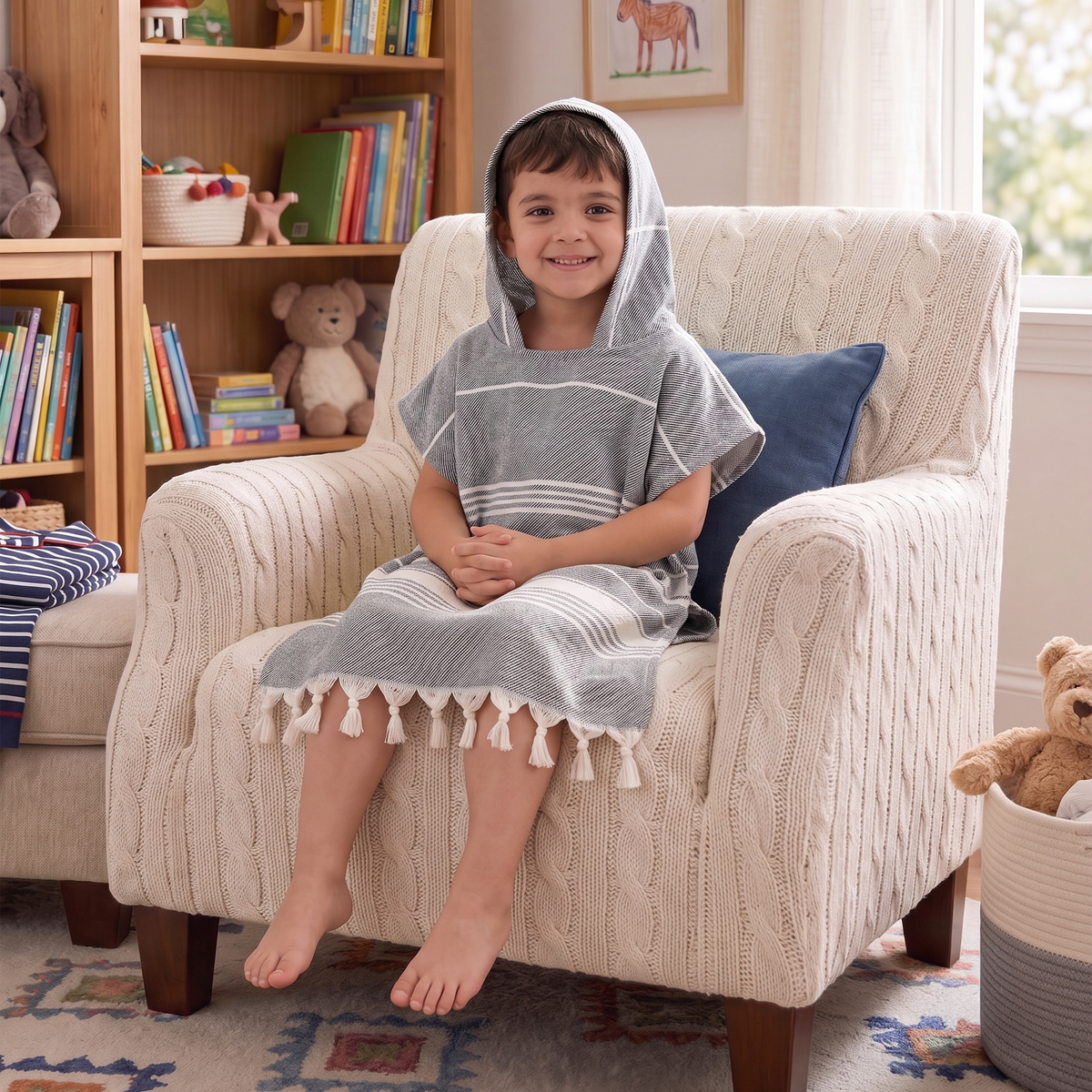 Kinder-Badeponcho aus 100% Baumwolle, Pestemal-Strandponcho in Grau
