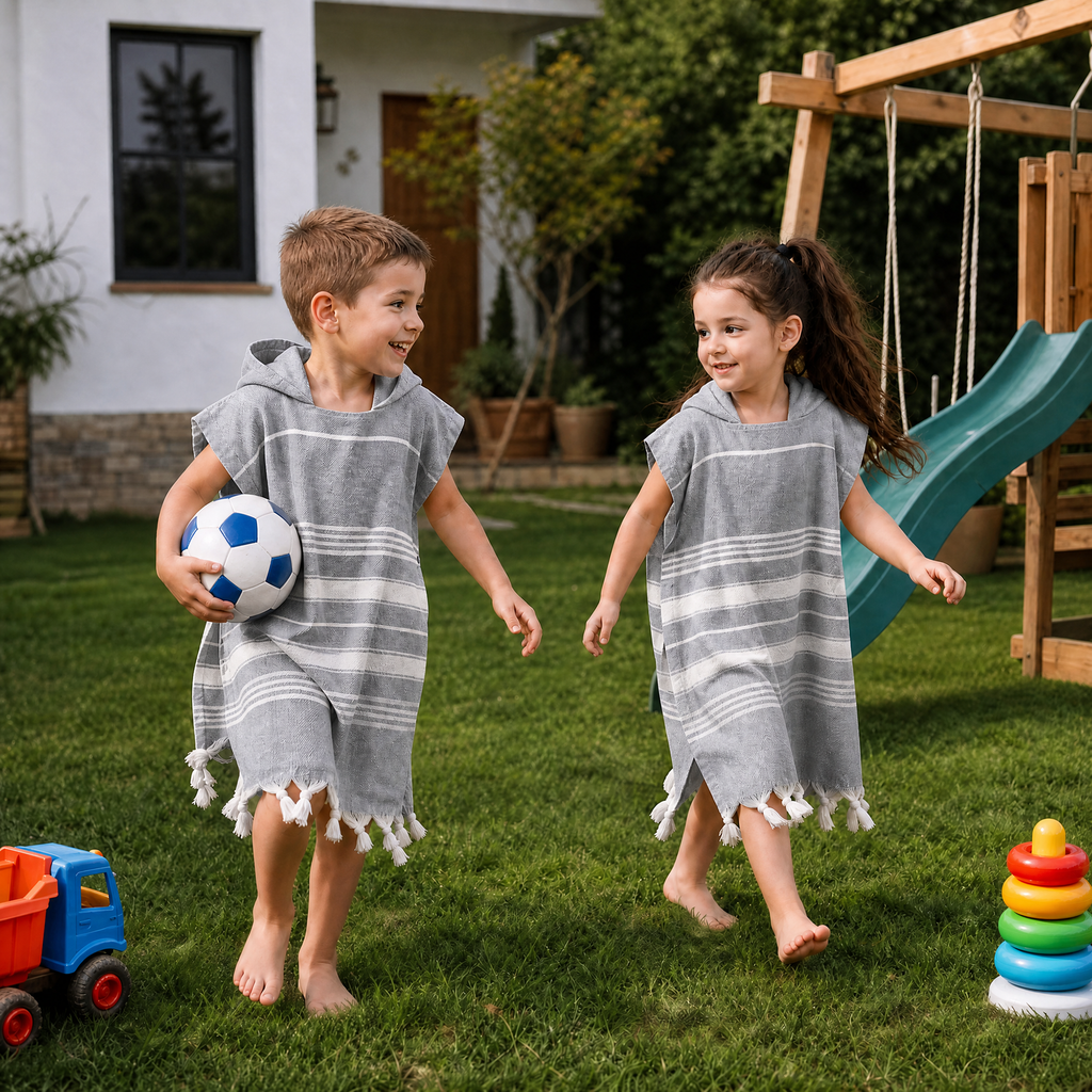 Kinder-Badeponcho aus 100% Baumwolle, Pestemal-Strandponcho in Grau