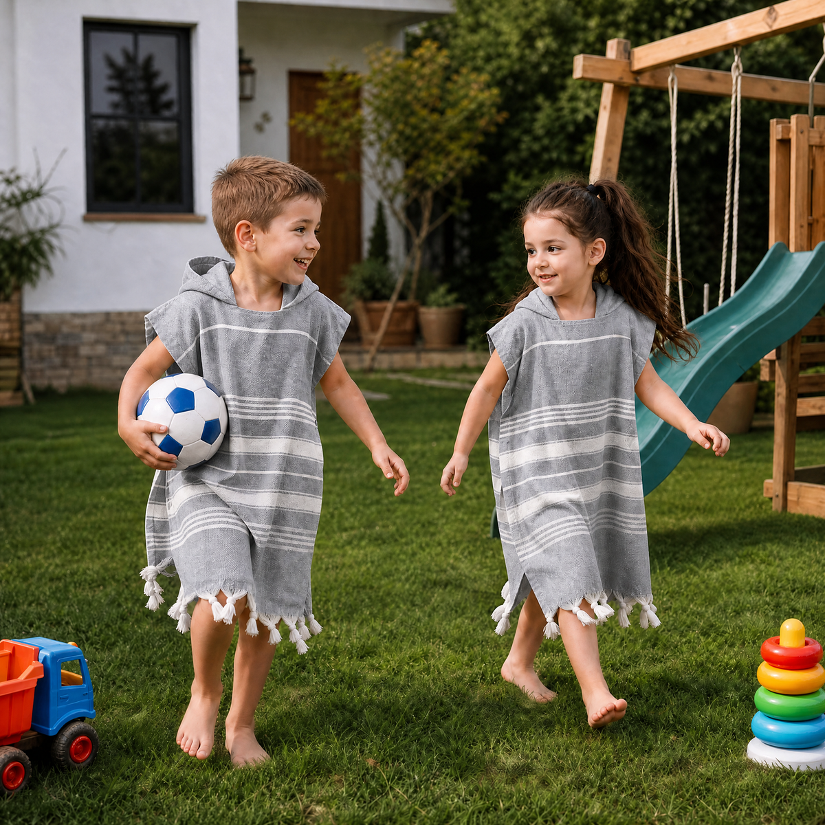 Kinder-Badeponcho aus 100% Baumwolle, Pestemal-Strandponcho in Grau