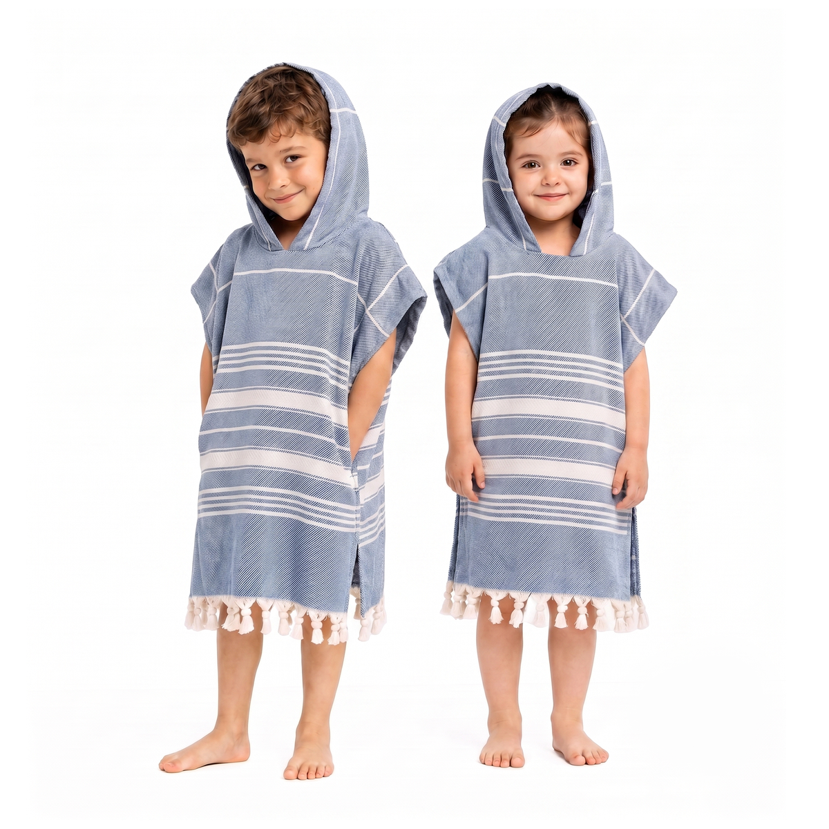 Kinder-Badeponcho aus 100% Baumwolle, Pestemal-Strandponcho in Blau