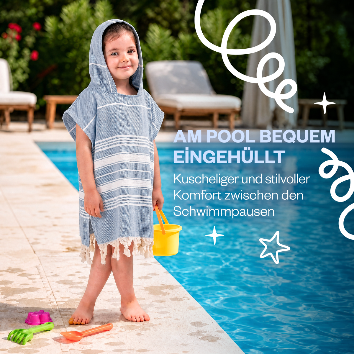 Kinder-Badeponcho aus 100% Baumwolle, Pestemal-Strandponcho in Blau