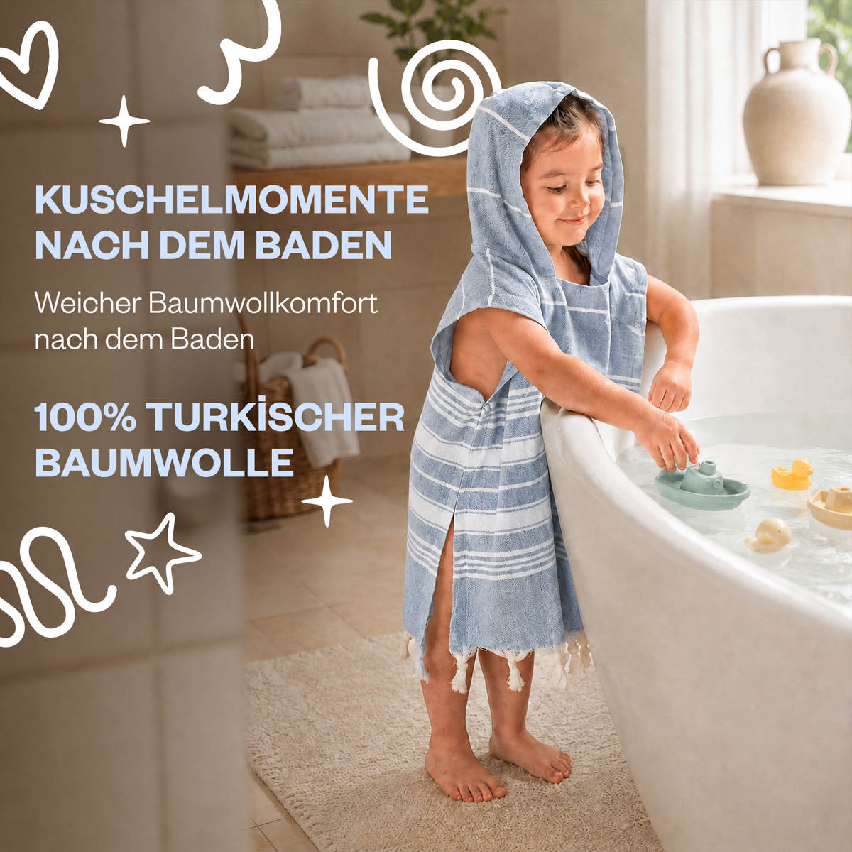 Kinder-Badeponcho aus 100% Baumwolle, Pestemal-Strandponcho in Blau