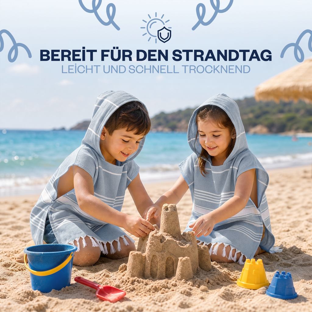 Kinder-Badeponcho aus 100% Baumwolle, Pestemal-Strandponcho in Blau