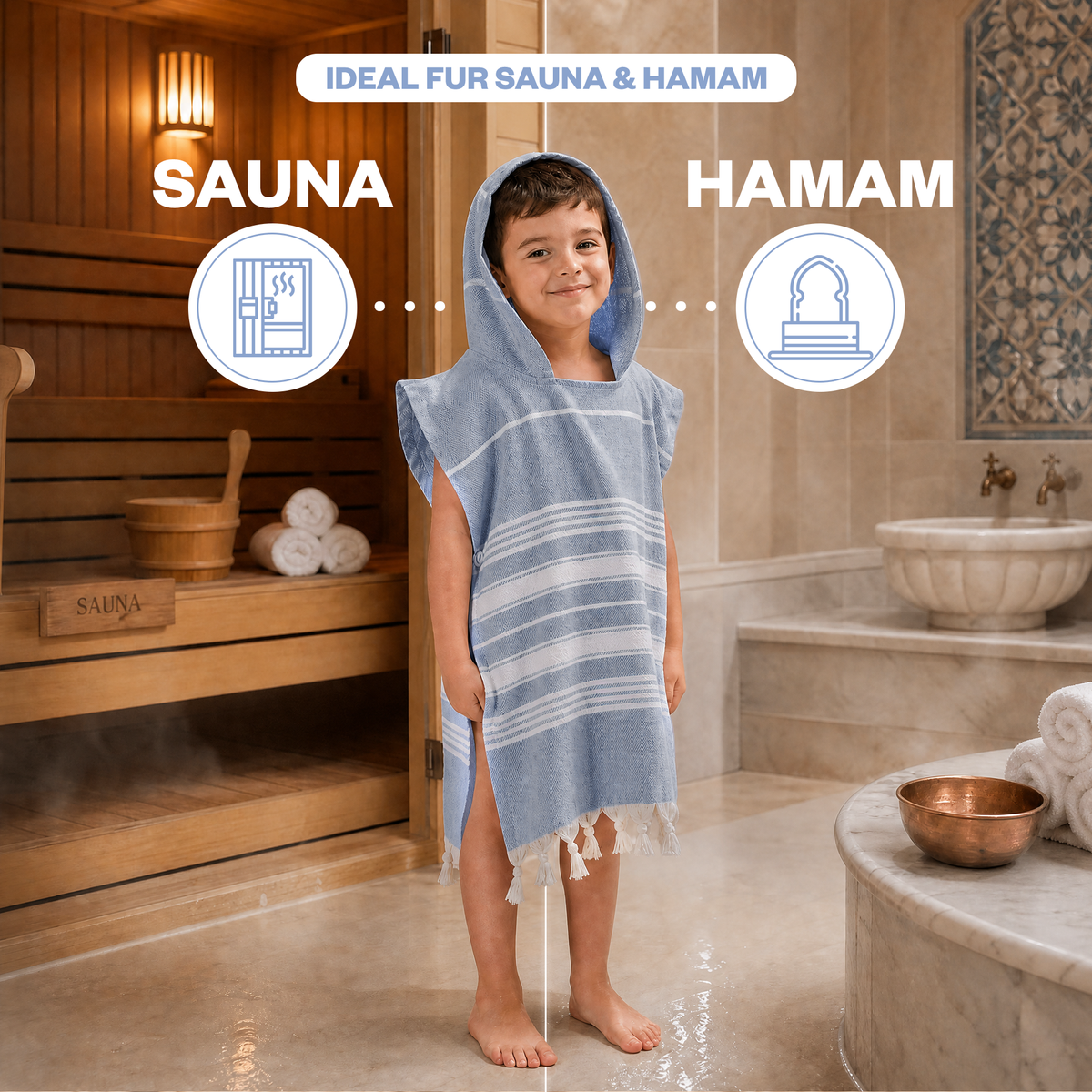 Kinder-Badeponcho aus 100% Baumwolle, Pestemal-Strandponcho in Blau