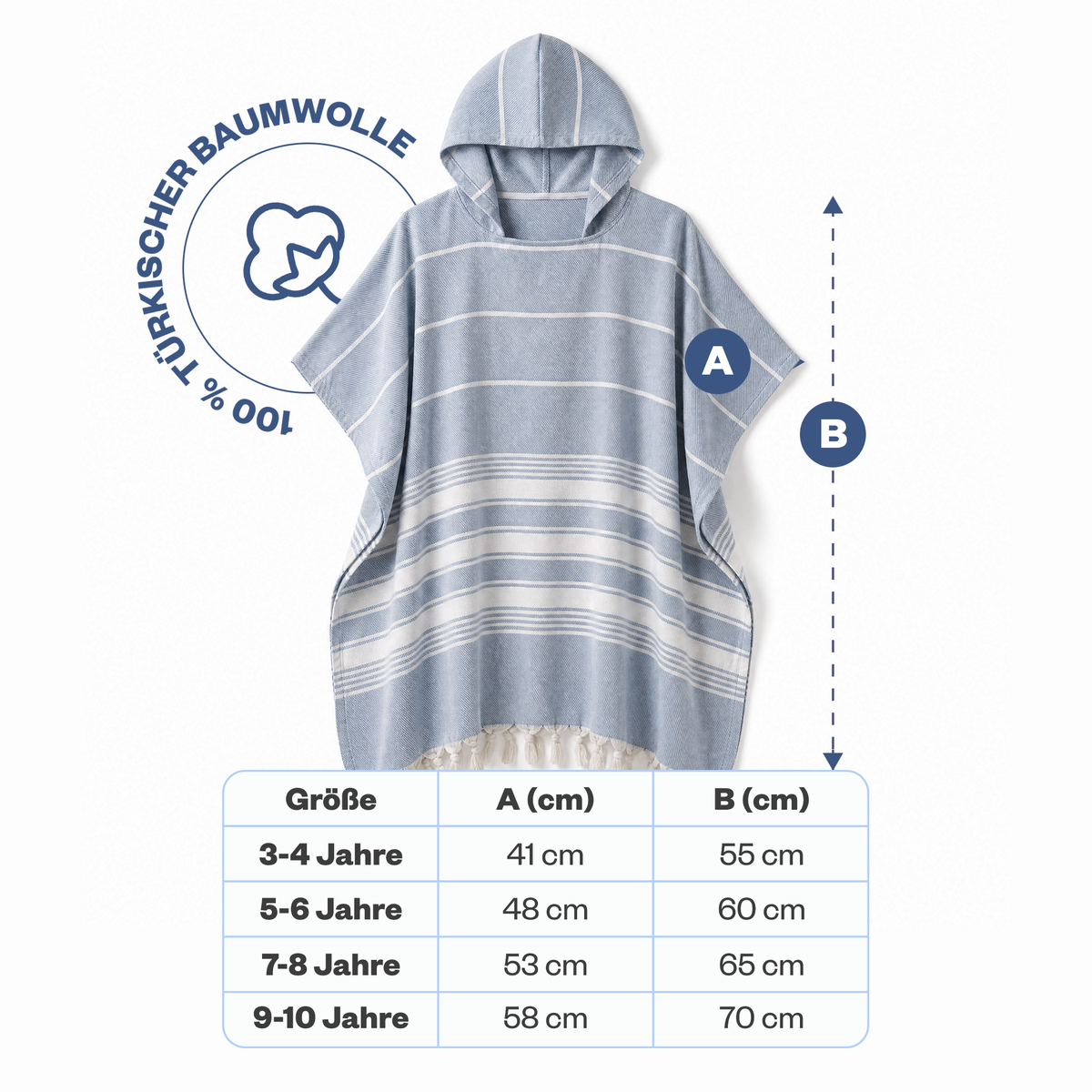 Kinder-Badeponcho aus 100% Baumwolle, Pestemal-Strandponcho in Blau