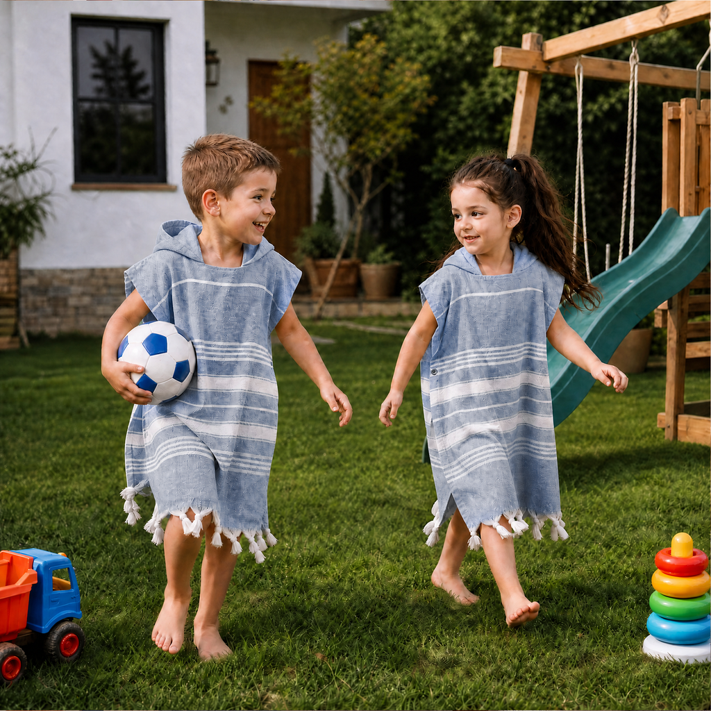 Kinder-Badeponcho aus 100% Baumwolle, Pestemal-Strandponcho in Blau