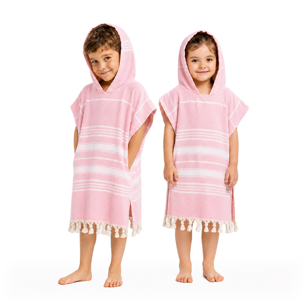 Kinder-Badeponcho aus 100% Baumwolle, Pestemal-Strandponcho in Rosa